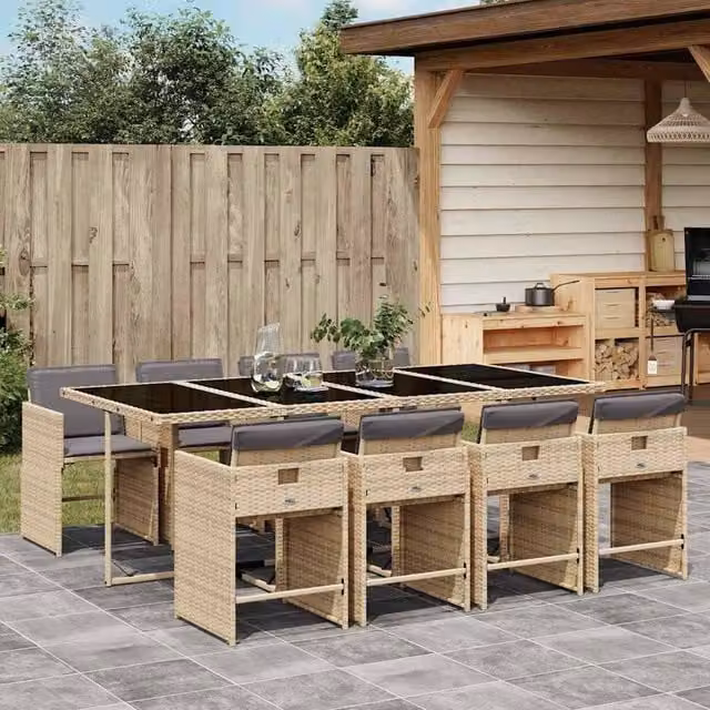 Berkfield Home 9 Piece Garden Dining Set in Beige PE Rattan with Glass Top