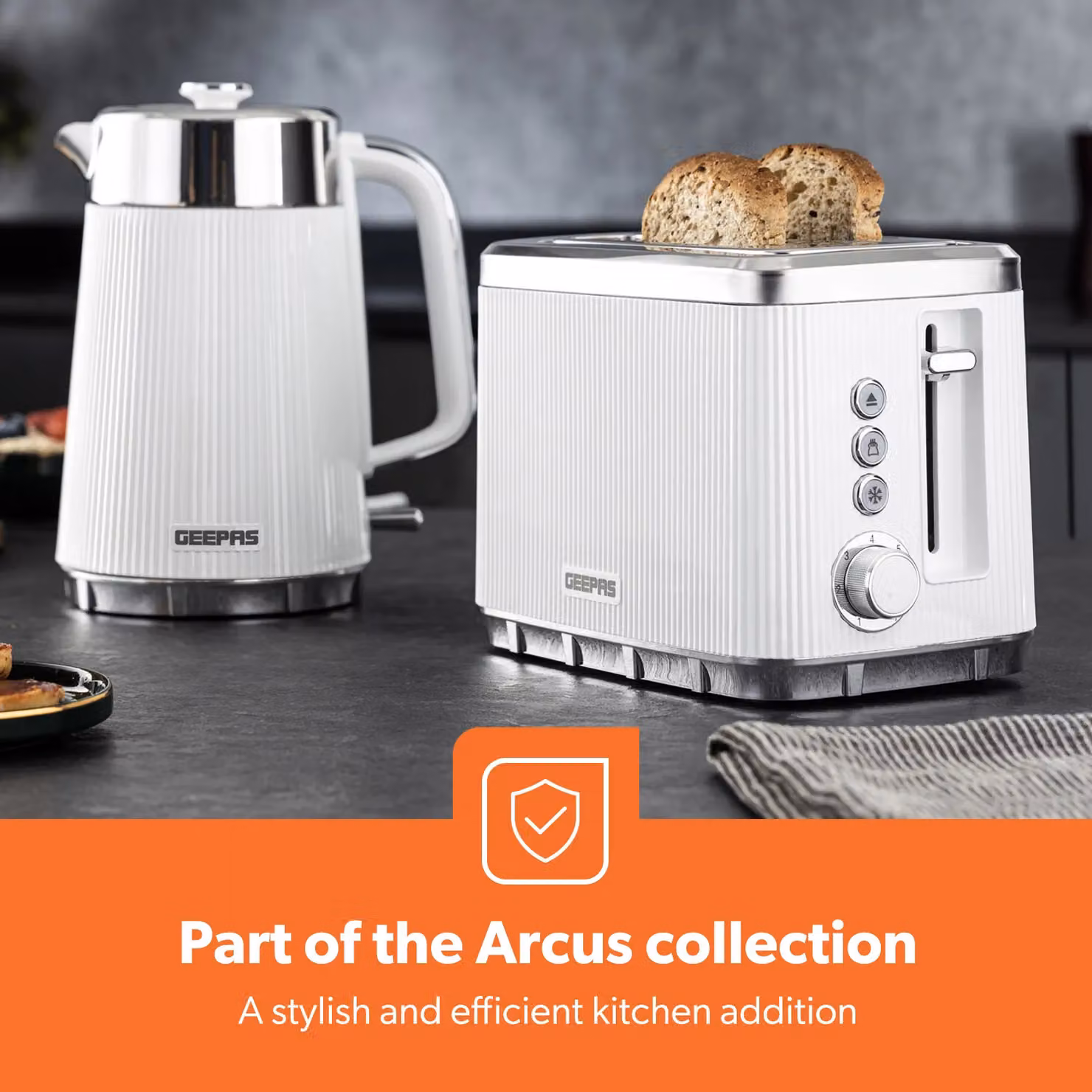 Geepas Arcus Collection 1.7L Kettle and 2 Slice Toaster Set in White – 3