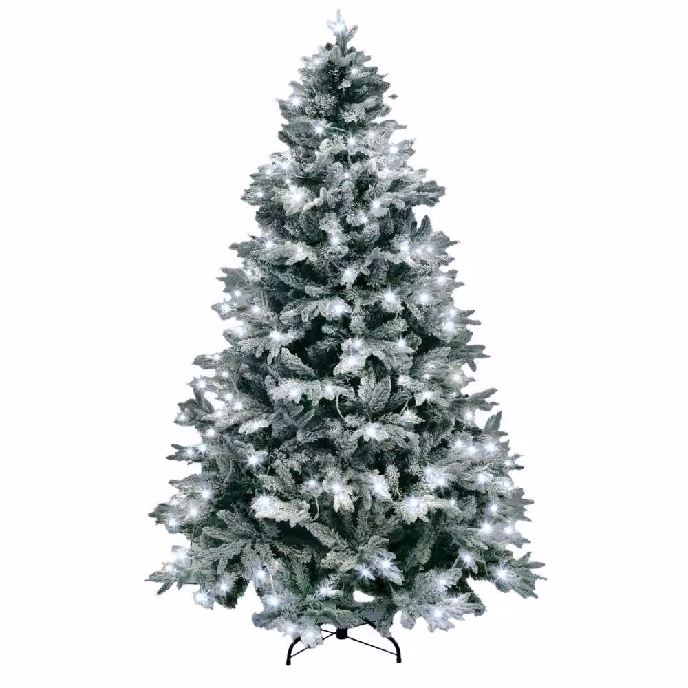 Shatchi Pre-Lit Snow Flocked Christmas Tree with Cool White Lights in Green, Height: 183 cm – 2