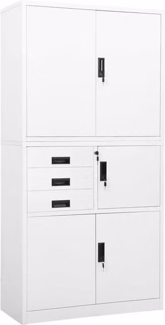 Berkfield White Steel Home Office Cabinet with Hinged Doors, Internal Drawers and Adjustable Shelves, W/D/H: 90 x 40 x 180 cm