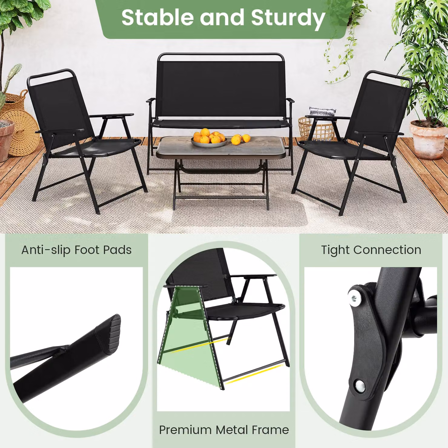 Costway 4 Piece Outdoor Conversation Set with Powder Coated Steel Metal Frame and Upholstered Cushions in Black – 4