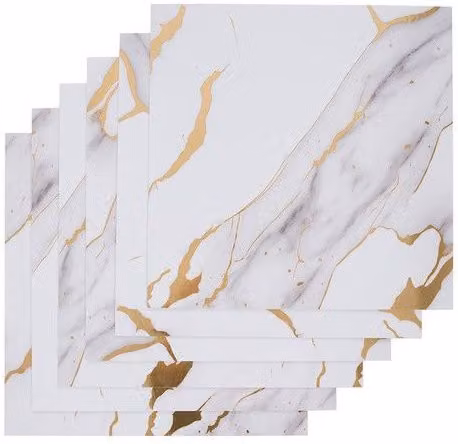 Living and Home 10pcs White and Gold Marbled Self-Adhesive Square Wall Stickers, 40 x 40 cm
