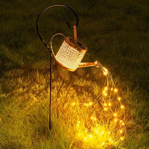 Globrite Solar Watering Can Garden Lights with 48 LED Warm White Retro Outdoor Decorative Waterfall Ornaments, IP65 Waterproof Metal Copper Design