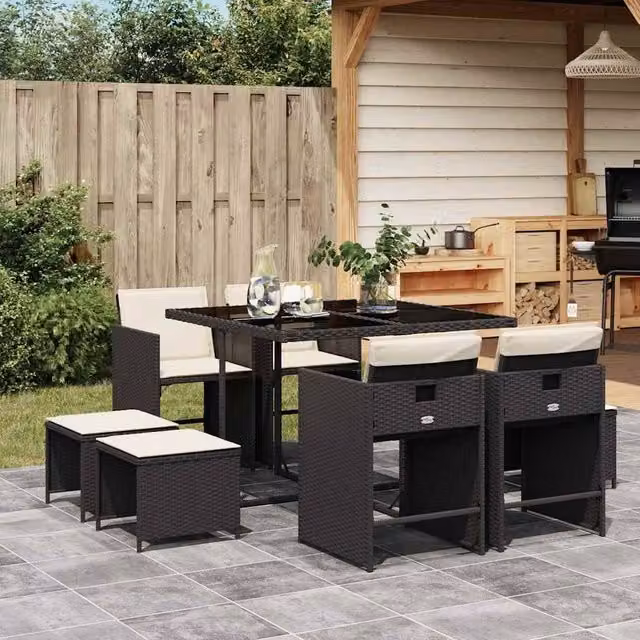 Berkfield Home 9 Piece Black Poly Rattan Garden Dining Set with Cushions – 1