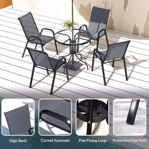 Outsunny 5 Piece Garden Dining Set with Round Glass Table and 4 Chairs in Grey – 5