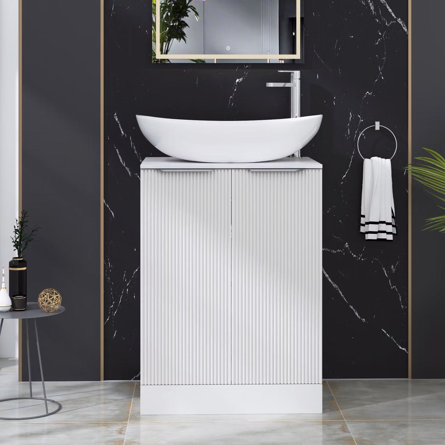 Royal Bathrooms Evora 600mm Matt White Fluted Floor Standing 2 Door Vanity Unit with Cesar Stone Basin