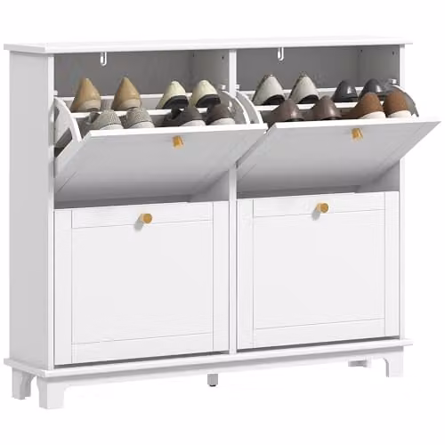 HOMCOM Modern Narrow Shoe Storage Cabinet with Tilting Compartments and Internal Shelves, White and Gold