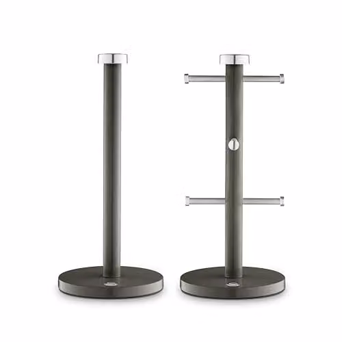 Swan Freestanding Metal Kitchen Towel Pole and 6 Mug Tree Set in Grey with Weighted Bases