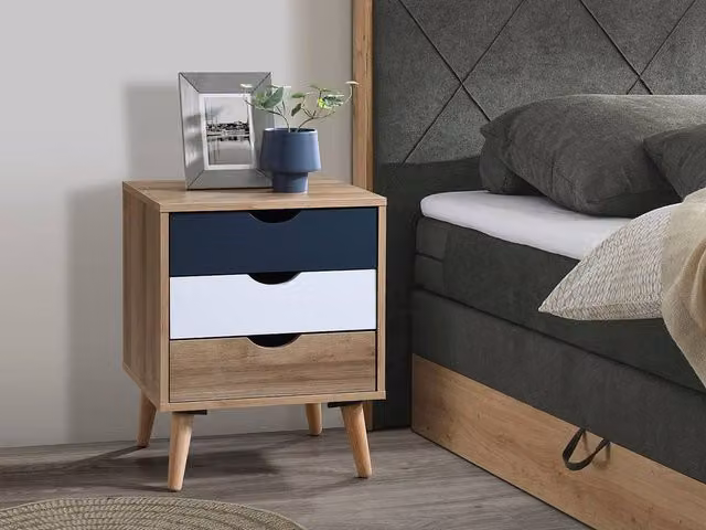 Vente-unique Set of 2 Mid-Century Bedside Tables with 3 Drawers, White and Blue, W/D/H: 40 x 40 x 57 cm – 1