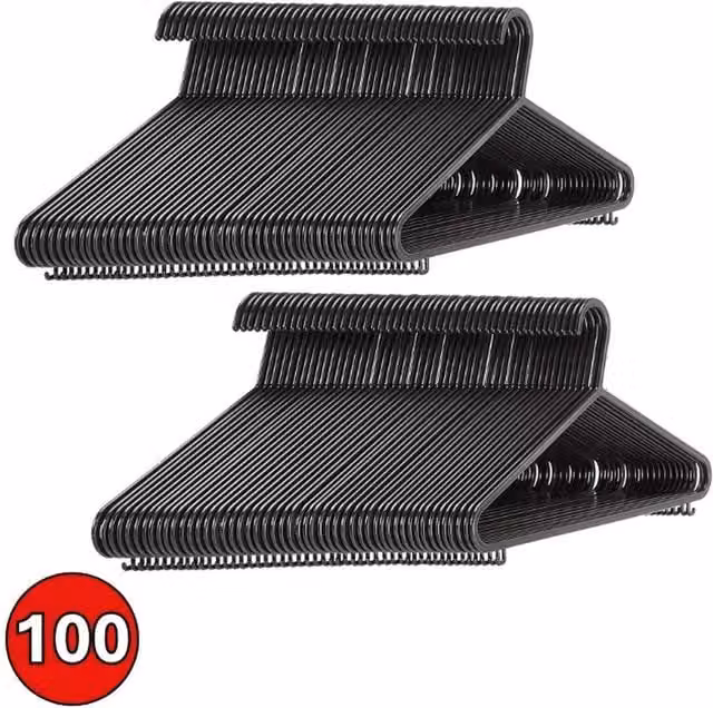 VOGREX 100-Piece Black Slim Plastic Clothes Hangers with Trouser Bar