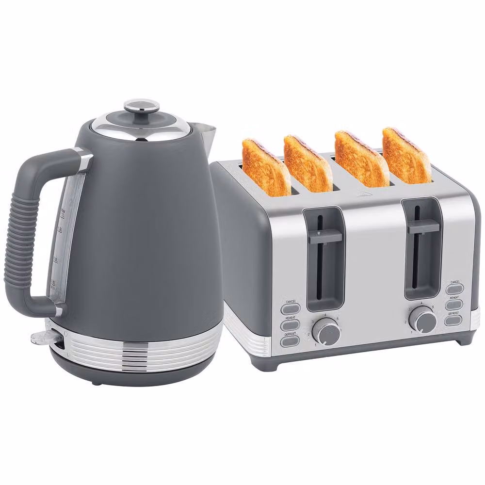 STILVORA Kettle and 4 Slice Toaster Set in Grey and Silver Stainless Steel, 1.7L, 3000W – 2
