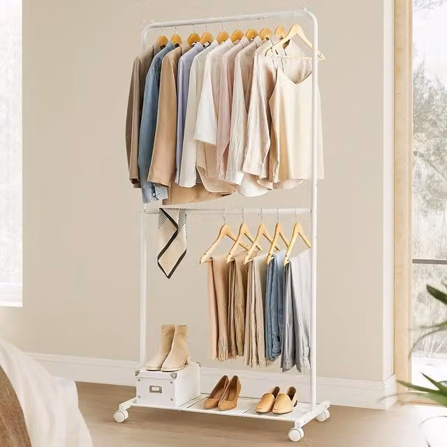 SONGMICS Rolling Clothes Rack with Middle Rod and Storage Shelf in White