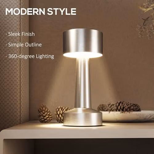 HOMCOM Rechargeable LED Cordless Table Lamp with Touch Control and 3 Colour Modes in Silver – 5