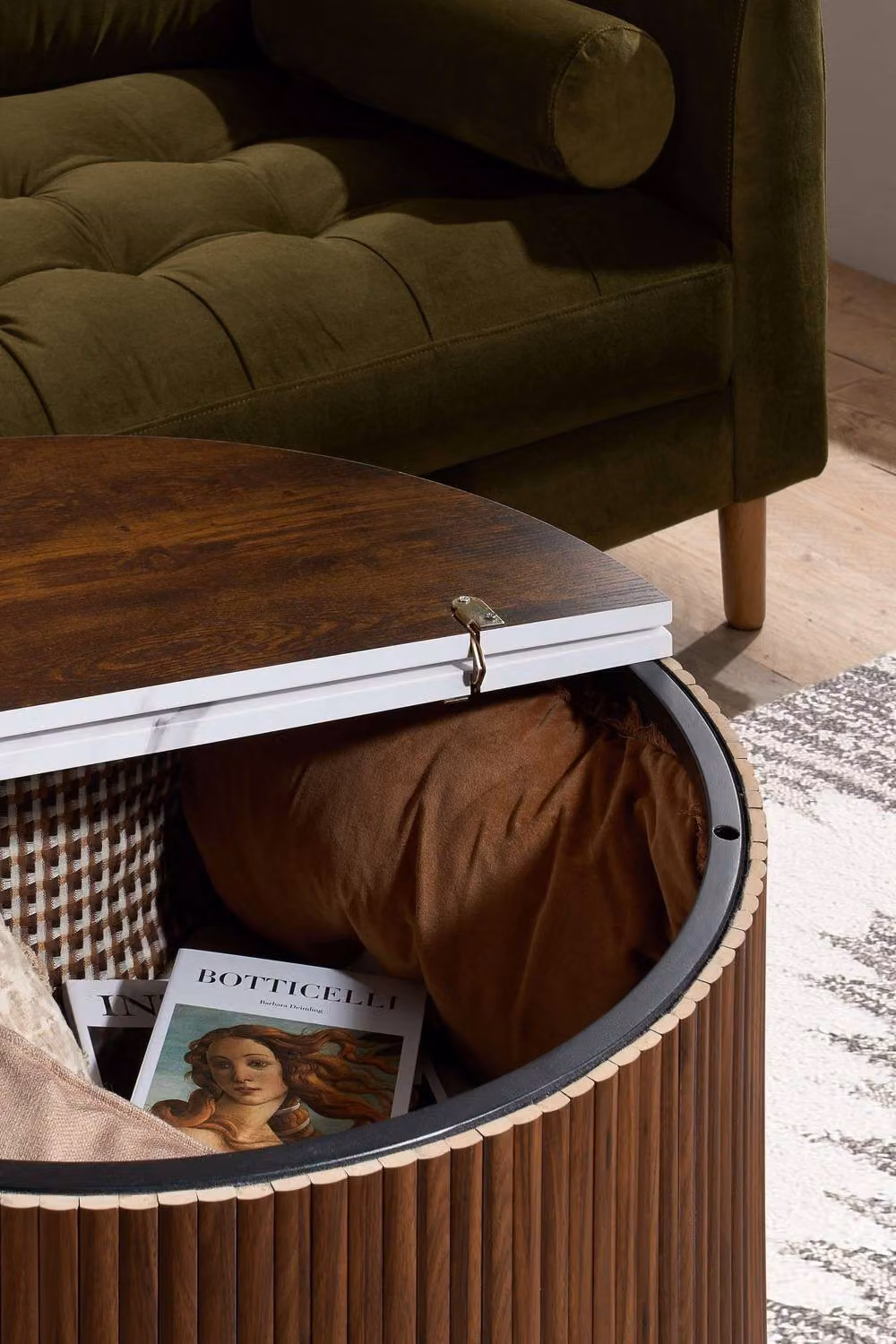 Birlea Kagu Round Coffee Table with Fluted Ribbed Walnut and Marble Effect in Brown – 2