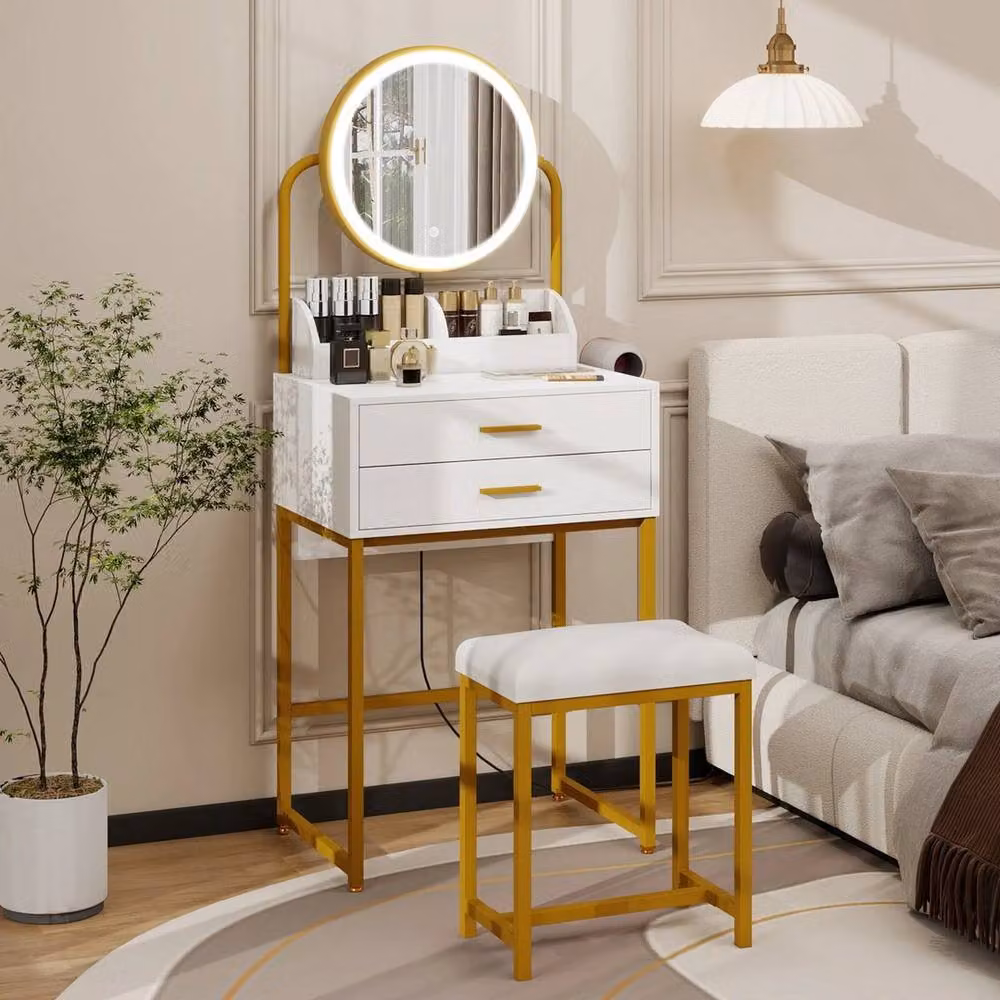 PAWNORA Modern Glossy White Dressing Table with Hollywood LED Lights – 2