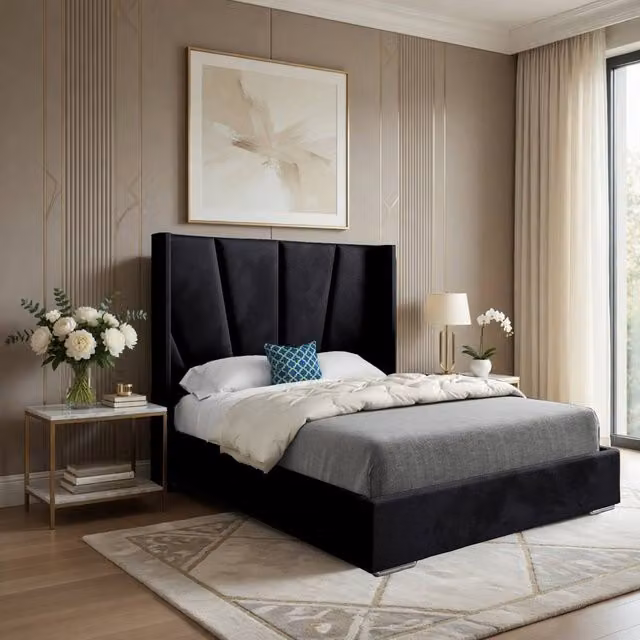 Casani Falmouth Super King Upholstered Designer Bed Frame in Black Soft Velvet, W/D/H: 200 x 189 x 137 cm – 1
