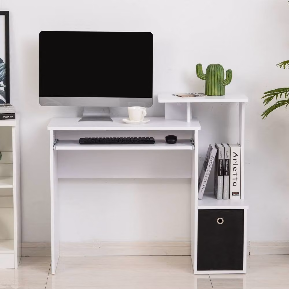 Rolipo Modern White Computer Desk with Sliding Keyboard Tray, Drawer and Shelf – 3