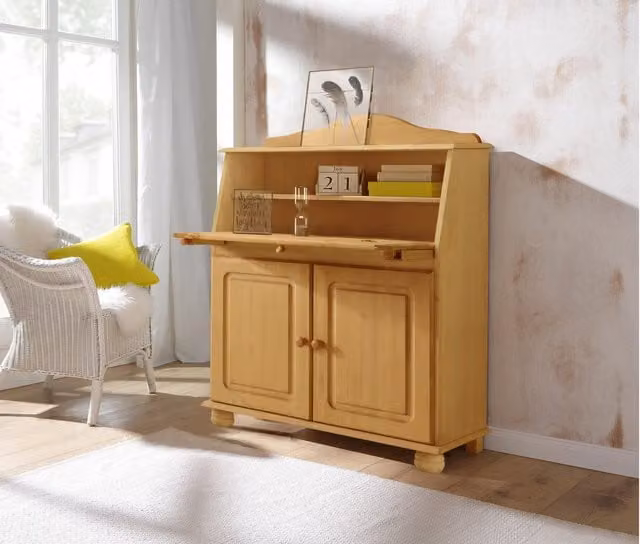 Dorel Home Mette Secretary Desk in Nature Stained Wax Wood with Drop Leaf in Brown and Beige
