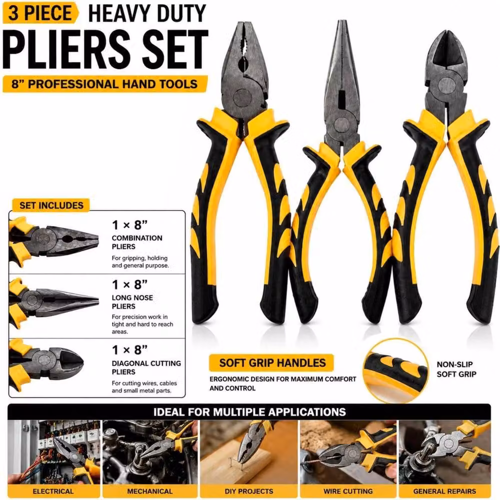 FLAVORA 3 Piece Heavy Duty 8 inch Combination Pliers Set with Soft Grip in Yellow – 2