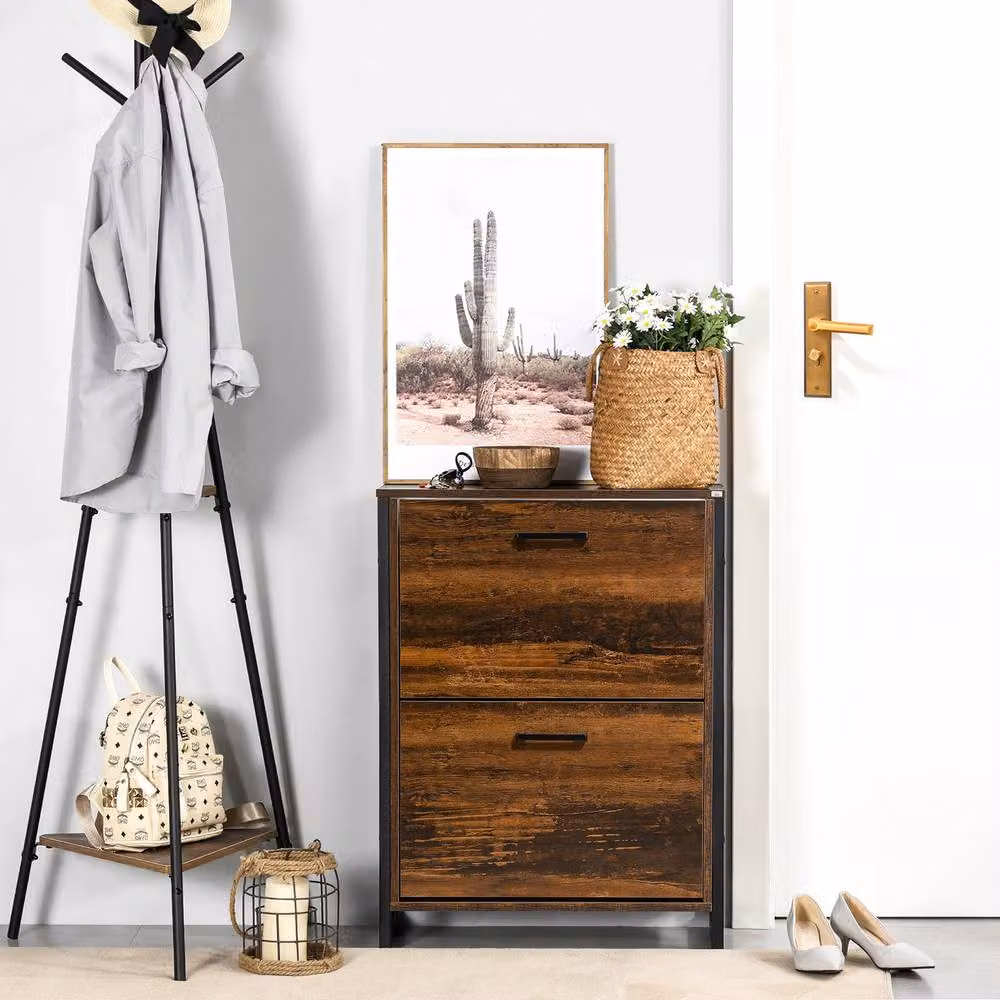 STILVORA Industrial Shoe Cabinet in Brown with 2 Tilting Doors and Metal Accents – 2