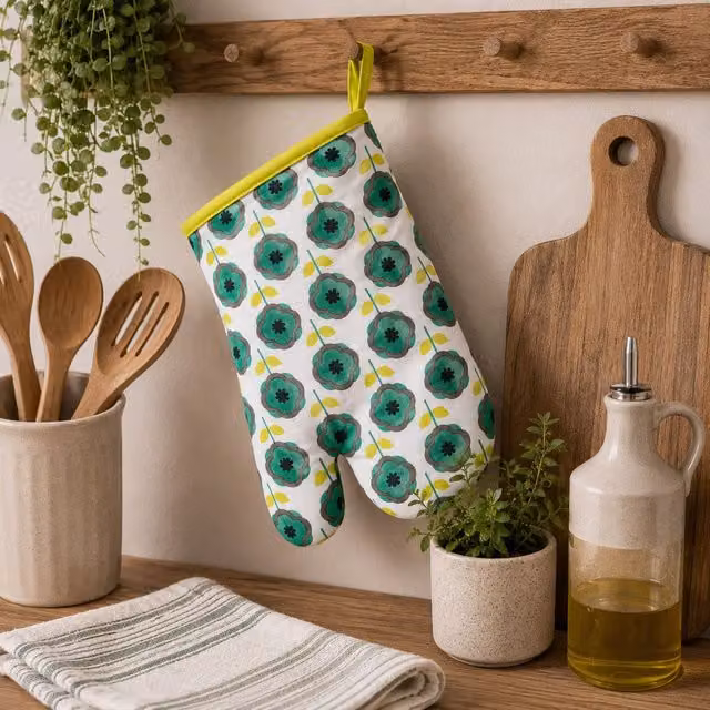 Orsina Green Floral Single Oven Glove with Quilted Heat Protection and Hanging Loop – 2