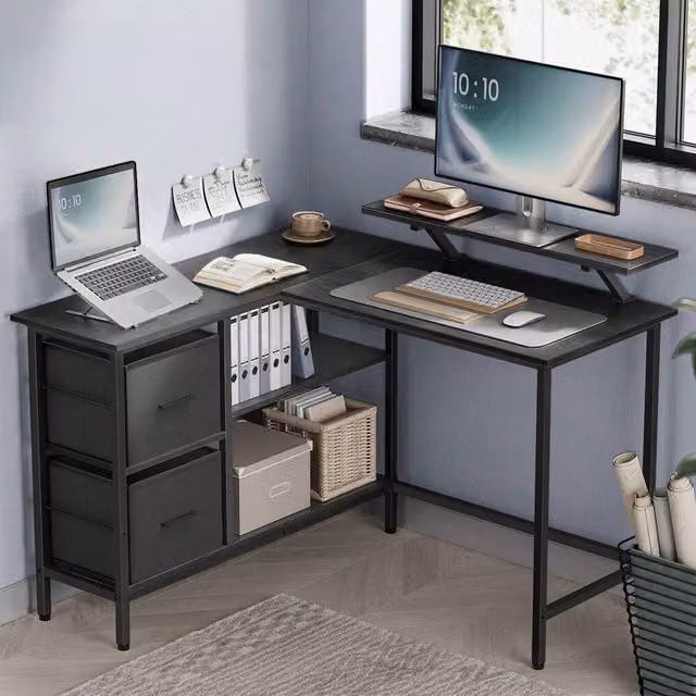 VASAGLE L-Shaped Corner Desk with Drawers in Black