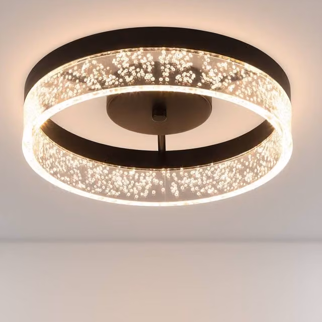 NIVOR 20W LED Round Ceiling Light with Transparent Seeded Acrylic Lampshade in Black – 1