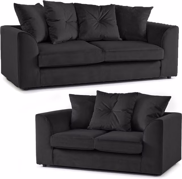 Furnishings For Less UK Fernando Soft Plush Velvet Fabric Sofa Set with 3 and 2 Seater Sofas in Black – 1