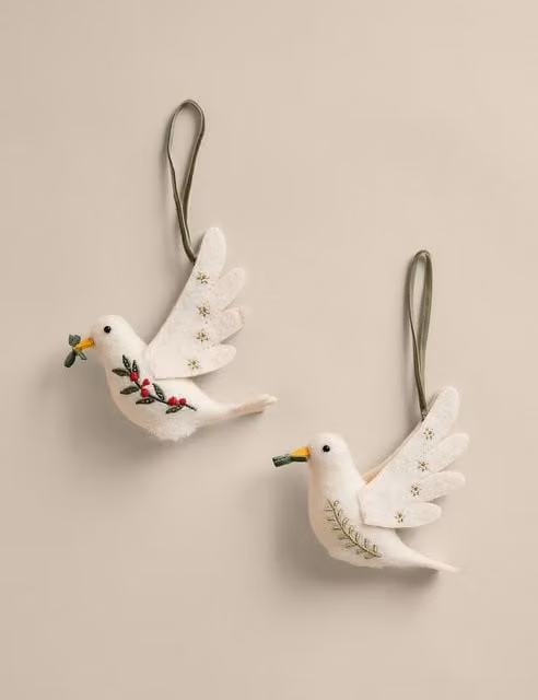 M&S Set of 2 White and Gold Felt Hanging Turtle Dove Christmas Pendants