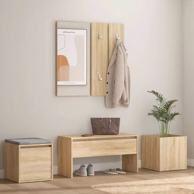 Berkfield Home Modern Hallway Furniture Set in Sonoma Oak and Beige, including Bench, Mirror and Wall Rack – 1