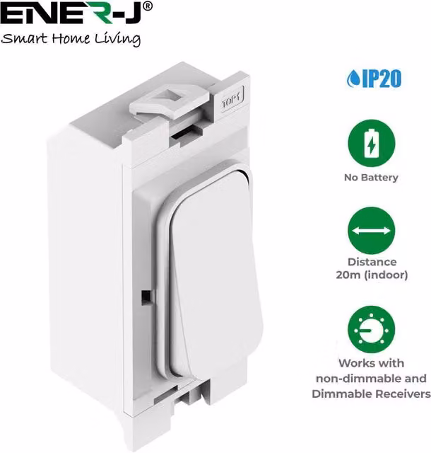 ENER-J 1 Gang Wireless Kinetic Grid Switch in White, Compatible with Hager