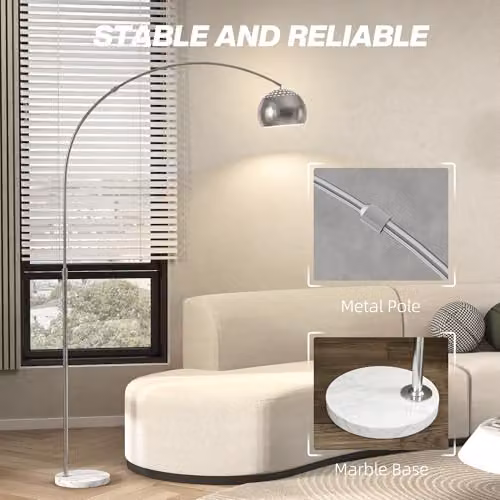 HOMCOM Modern Adjustable Arc Floor Lamp in Silver with Marble Base and Foot Switch, Height: 167 cm – 3