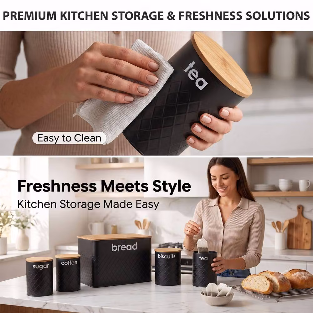 Crystals 5-Piece Kitchen Storage Canister Set with Bamboo Lids in Black – 8
