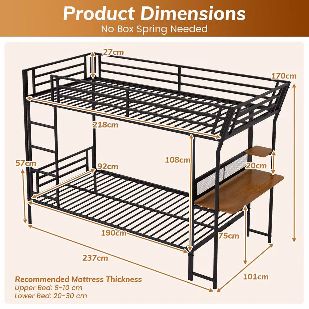 Gymax Metal Single Loft Bed with Desk and Ladder in Black, 90 x 190 cm – 2