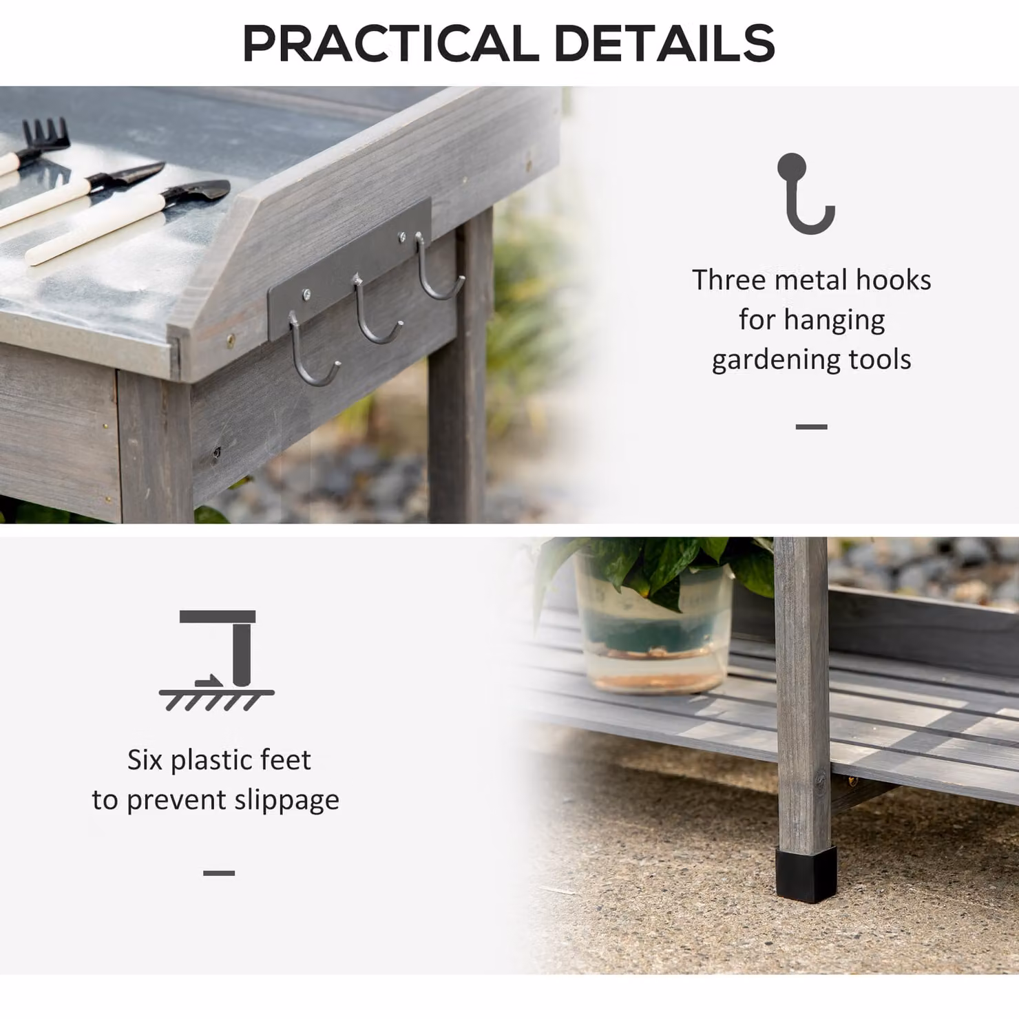 Outsunny Wooden Garden Potting Table with Galvanised Steel Top, Drawer, Storage Shelves and Hooks in Grey – 6