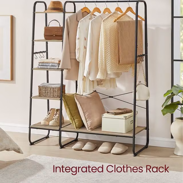 VASAGLE Clothes Rack with Shoe Rack and 6 Side Hooks, Turquoise Brown and Matte Black, H: 160 x W: 45 x D: 40 cm