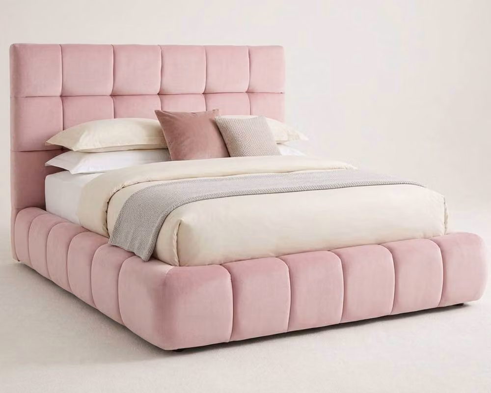 Stratus Interiors Cloud Fabric Cubed Platform Bed in Pink, Super King, W/D/H: 200 x 127 x 218.44 cm – 2