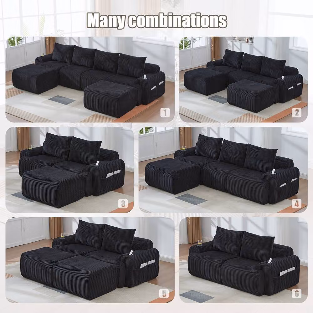 BTM Modular 2 Seater Corduroy Sofa in Black with Side Pockets and Cup Holders W/D/H: 200 x 80 x 80 cm – 5