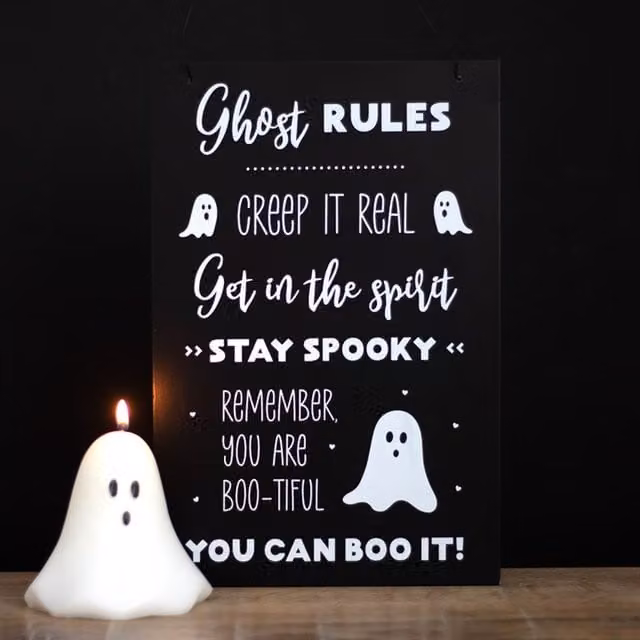 KDMK Ghost Rules Hanging Sign, Black Rectangular Halloween Decoration