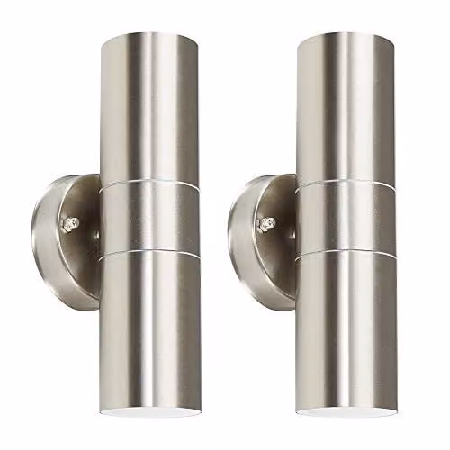 MiniSun Set of 2 Modern Stainless Steel Up/Down Outdoor Wall Lights in Silver with 5W Warm White LED Bulbs