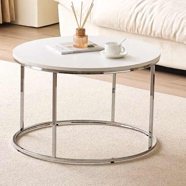 Comfy Living Minimalist Round White Coffee Table with Metal Base, Diameter: 70 cm