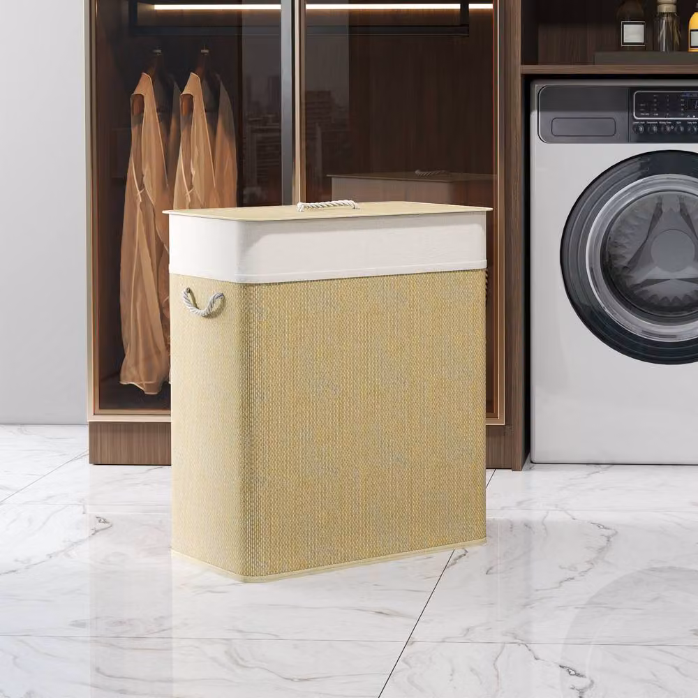 STILVORA Double Laundry Basket 100L with Lid and Removable Bags in Beige – 2