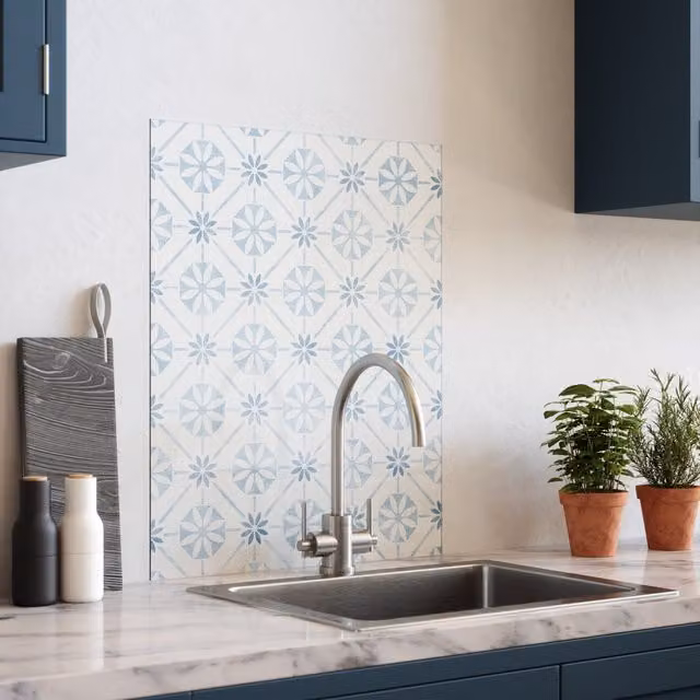 House Beautiful Heritage Sky Blue Glass Kitchen Splashback, Width: 90 cm