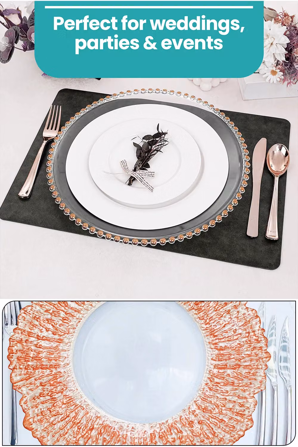 Neel Blue Set of 12 Glass Charger Plates with Rose Gold Beaded Design, Diameter: 33 cm – 2