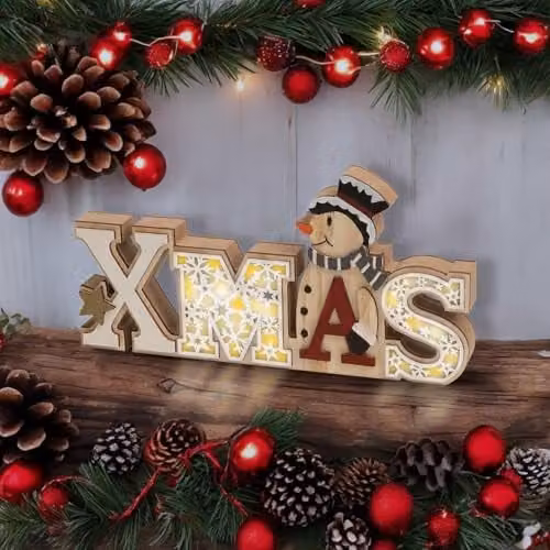 mysmartbuy Battery Powered Wooden LED Christmas Decoration with Star and Snowflake Cut Out, Multicolour, H14.5 x W28.5 x D3 cm – 1
