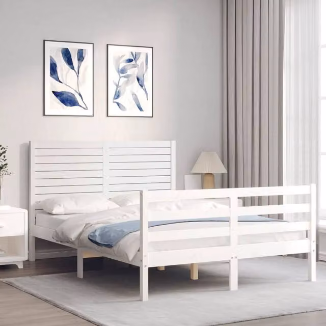 Berkfield Home Beautiful Solid Wood Bed Frame with Headboard in White, W/D/H: 140 x 200 x 145.5 cm
