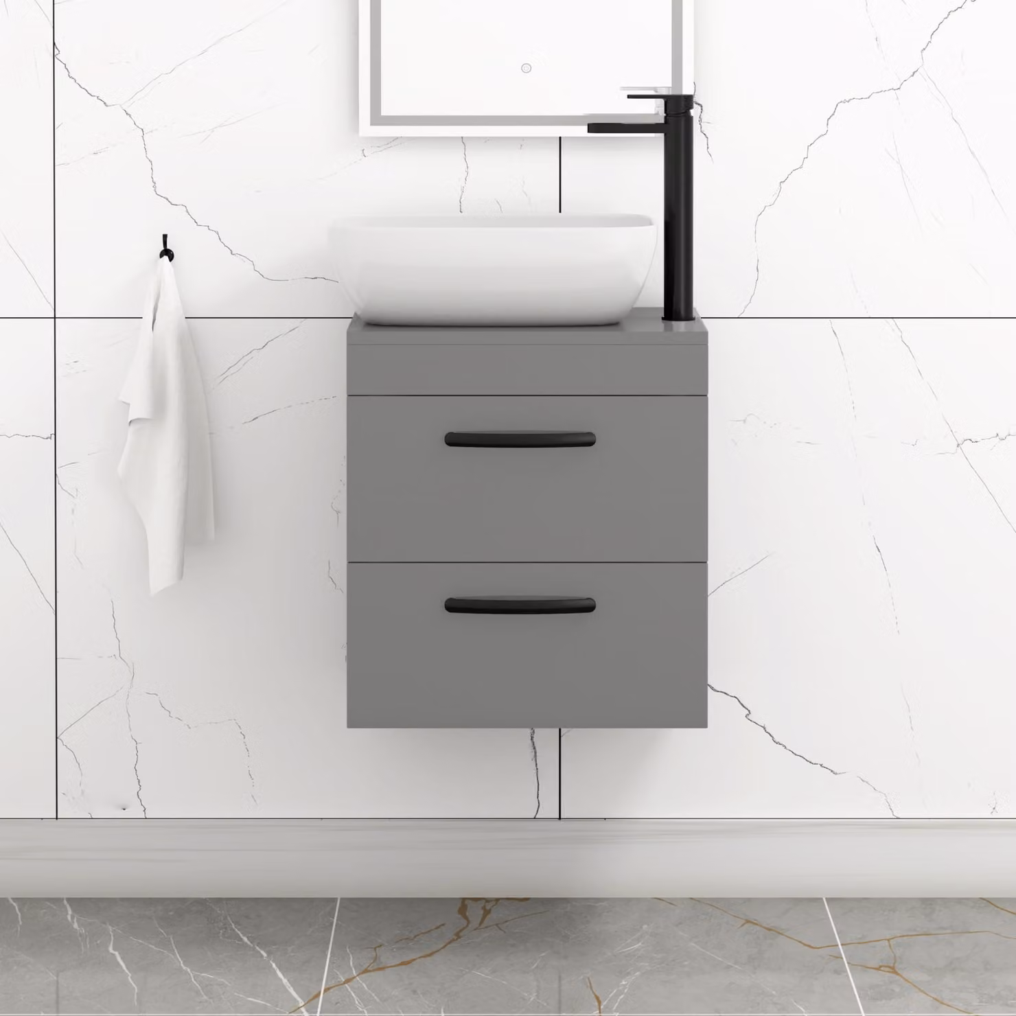 Royal Bathrooms 500mm Wall Hung Vanity Unit with 2 Drawers in Indigo Grey Gloss and Elva Countertop Basin with Matt Black Handle