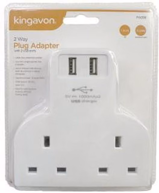 Kingavon 2-Way Power Strip with 2 USB Ports, White