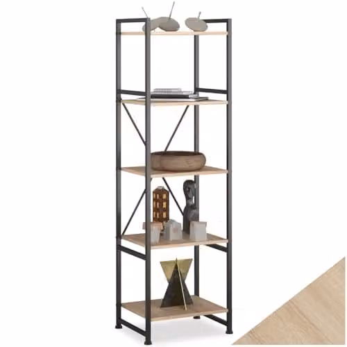 tectake Industrial Bookcase with 5 Shelves and Steel Frame, Light Wood and Black, H 151.5 x W 47.5 x D 34.5 cm