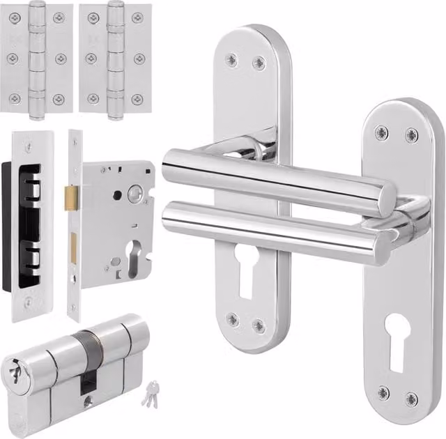 AFIT Polished Chrome T-Bar Door Handle with Euro Lock, Double Cylinder and Hinges, Silver